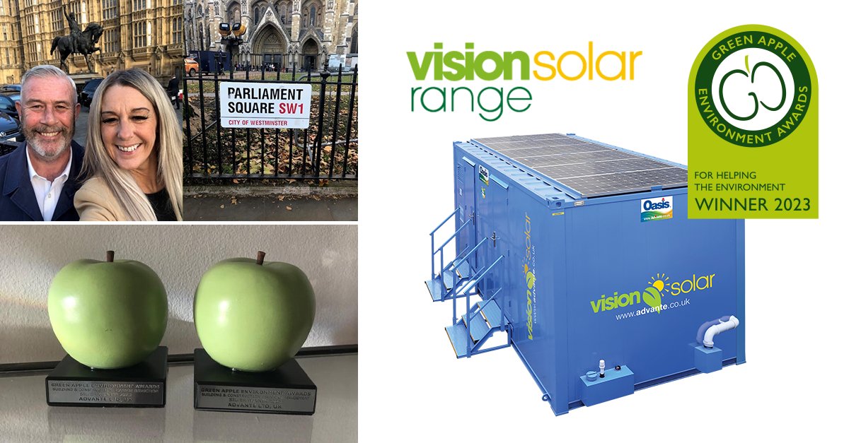 Oasis_Welfare's tweet photo. We are the proud winners of two Green Apple Environment Awards for our #VisionSolar range.
๐ Silver Winner - Carbon Reduction
๐ Silver Winner - Water Management
@TheGreenOrg ๐
#advante #oasiswelfare #environment #solarwelfare #sustainable #innovation #welfare #toilets https://t.co/ZlYeMsHsQ8