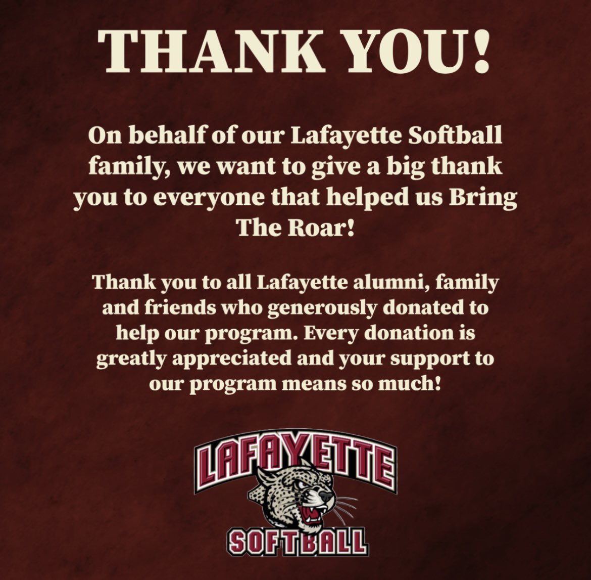 Lafayette_SB's tweet photo. Thank you to everyone that helped us Bring The Roar! With your help we were able to reach $7,385 donated by 35 supporters! Thank you again for all of your support, we are extremely grateful! #RollPards https://t.co/u09cco7vIO