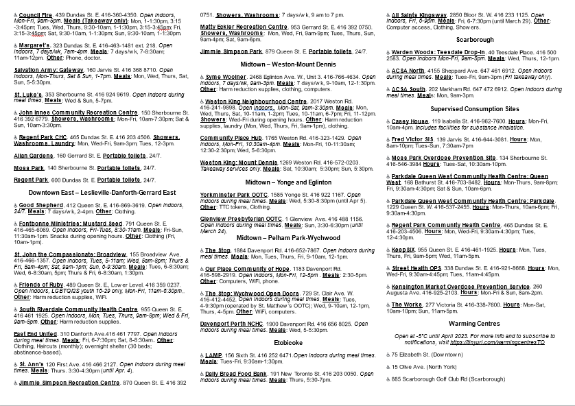I've updated the printable Toronto Homeless Resource List, which compiles indoor drop-in space, meals, supervised consumption sites, warming centres, and other vital resources. Access the living document here (agencies: please e-mail me with updates): tinyurl.com/TorontoHomeles…