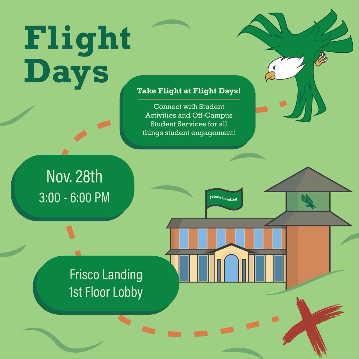 UNToffcampus's tweet photo. Interested in learning about student engagement, including information about our services and programs? Meet with Student Activities and Off-Campus Student Services on November 28th between 3-6pm at Flight Days in the Frisco Landing 1st floor lobby.  @untatfrisco https://t.co/2rsuFSm8zE