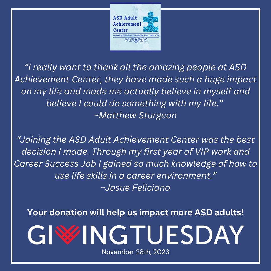 AsdAchievement's tweet photo. Giving Tuesday is just one week away! We wanted to share some quotes from participants at ASD Adult Achievement Center. We are so proud of them and their accomplishments!

#givingtuesday #autism #asdachievement https://t.co/UQAaZorsoi