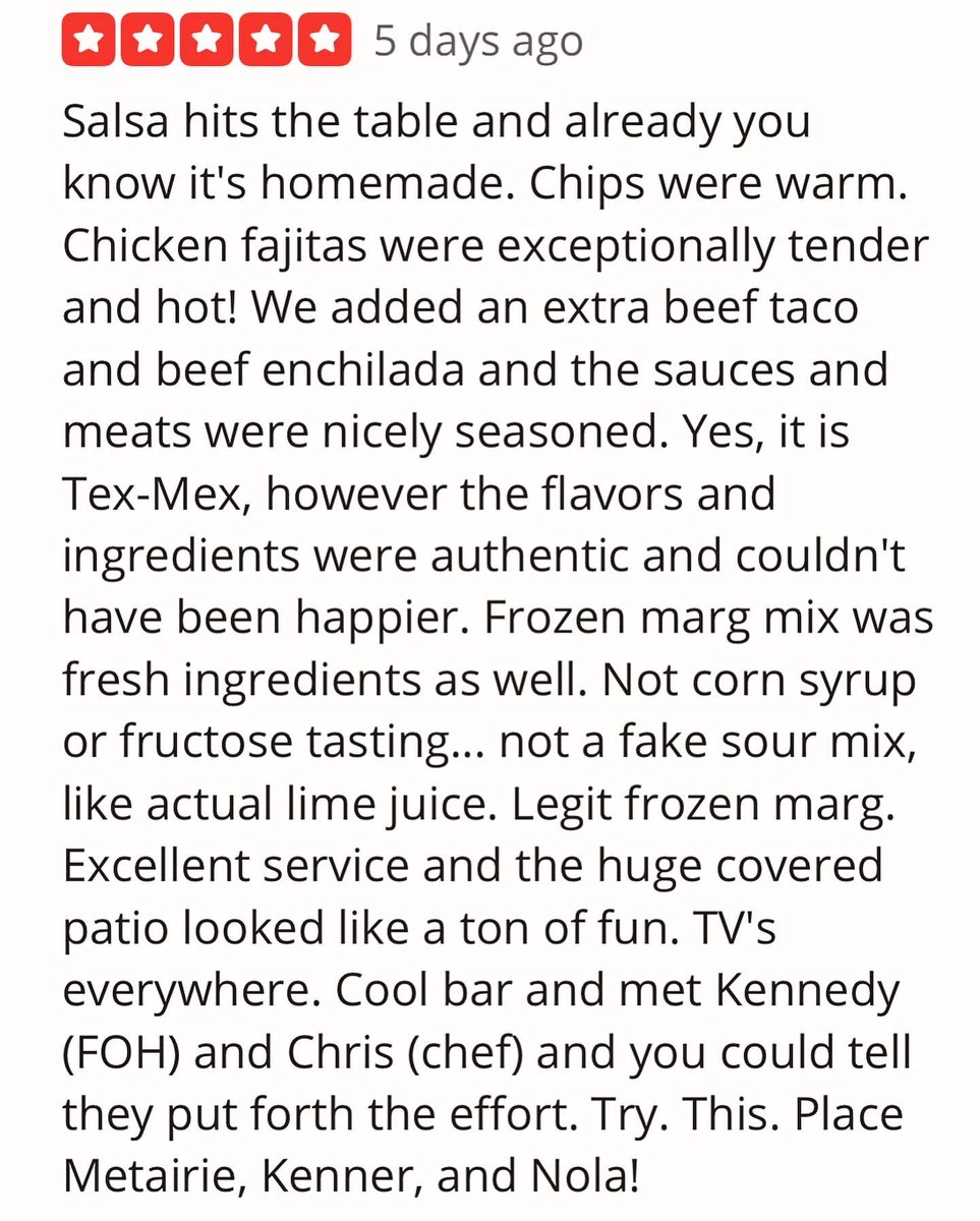 Get like Joey S. and his  krewe and order up a feast with fresh fixins &amp; libations at Las Cruces Tex Mex 🌮🪅🍹

#metairie #oldmetairie #wheremetairieeats #nolaeats #metairiedrinks