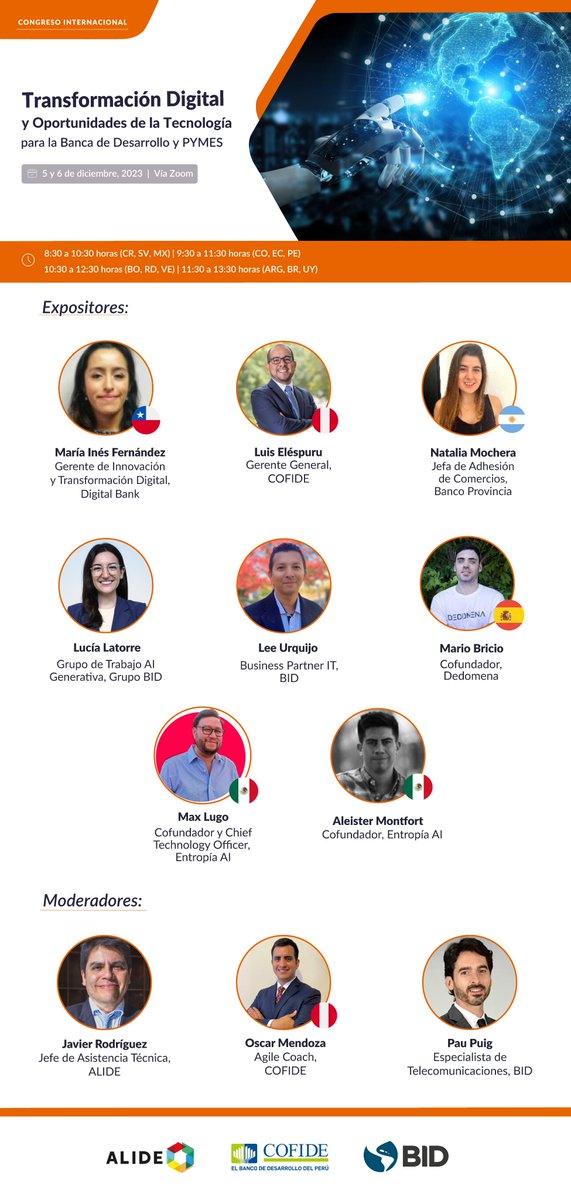 _ALIDE_'s tweet photo. #SeminarioALIDE 👩‍💼👨‍💼💻 | ¡Conoce a los expositores del congreso internacional: "Transformación Digital y Oportunidades de la Tecnología para la Banca de Desarrollo y PYMES"! 👉  organizado en colaboración con @Cofide_Peru y @el_BID.

▶ Más información: https://t.co/tQy44ehFcn https://t.co/IXvavCzKBV