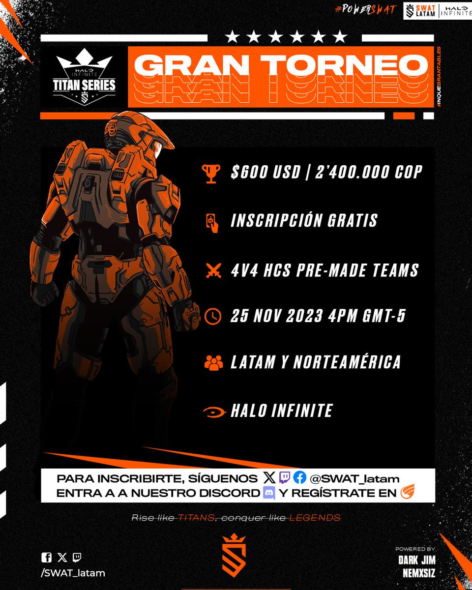 Lil53b4s's tweet photo. ¡GRAN TORNEOOOOO!🏆

Participa gratis en la Titan Series 4v4 por $600 USD este 25 de NOV a las 4PM GMT-5

Inscríbete:
🔁Repost
🟠Entra https://t.co/RlxfBwWJEx
✅Síguenos https://t.co/O1U83gguvi
🆚Regístrate https://t.co/9bNQNnL94x

#PowerSWAT #RiseLikeTITANS #HaloInfinite #Torneo https://t.co/spEAgB0yrW