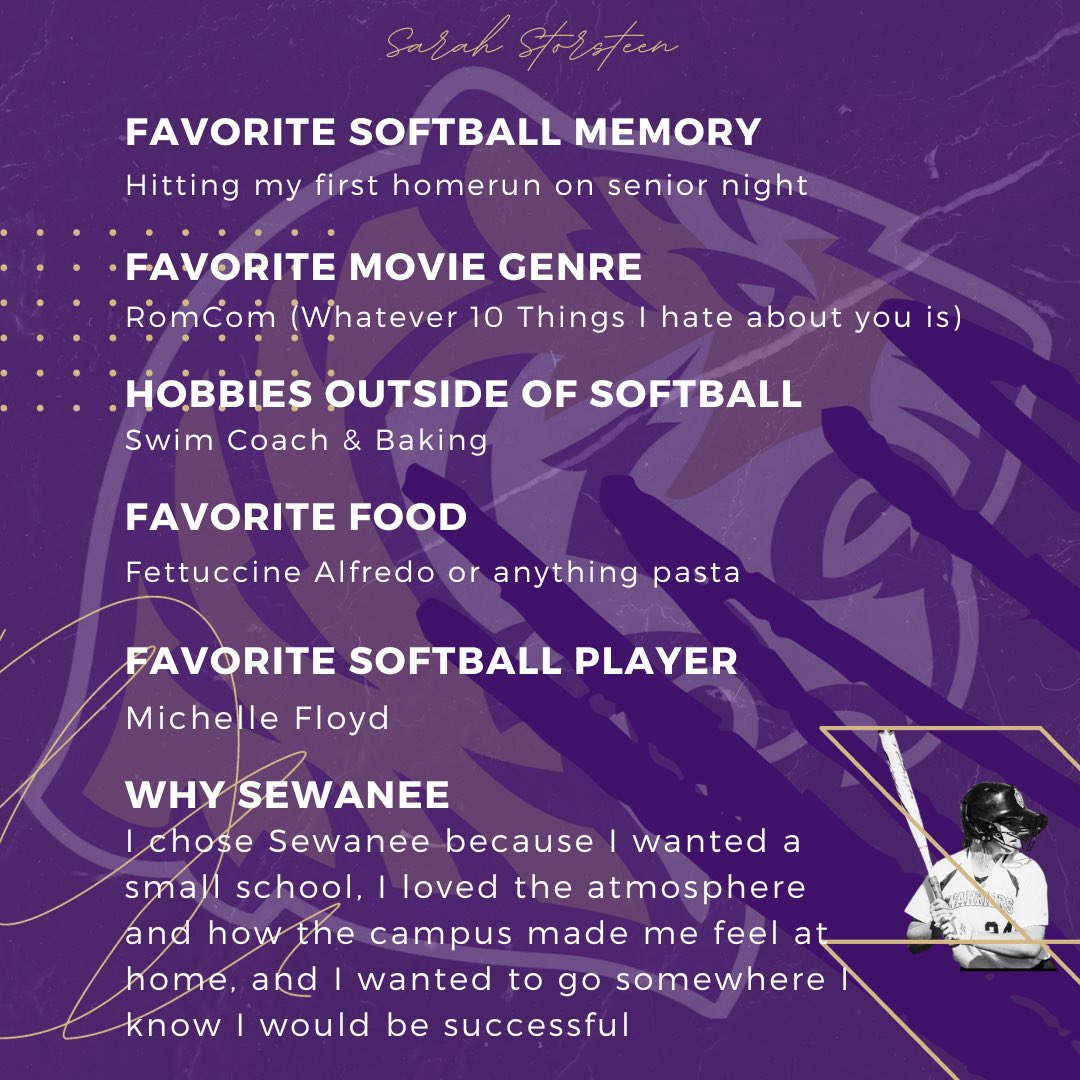 SoftballSewanee's tweet photo. Commitment Alert!🚨 
Sarah Storsteen is a catcher &amp; middle infielder coming from Atlanta, GA &amp; will be joining the team in January ‘24!
Swiped for her super 6 questions🥎 #weoverme https://t.co/MFw0OvxIwV