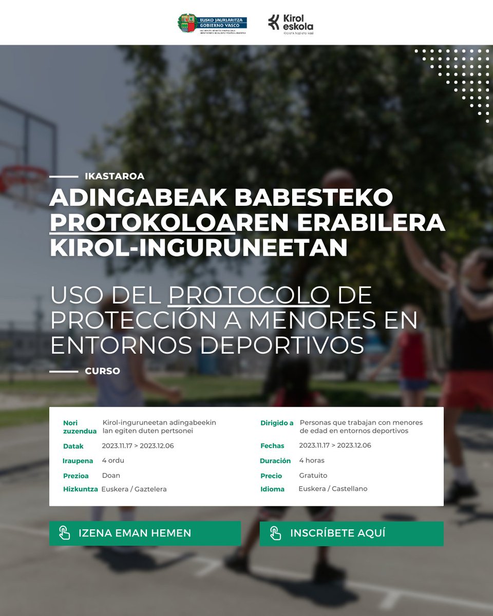 🚨 2023 ➡️ Azken deialdiak 👧🧒🎽 Adingabeak babesteko protokoloaren erabilera kirol-ingurunueetan
🗓 2023.11.17 › 2023.12.06
✏️ Izena eman hemen: labur.eus/CRVfs