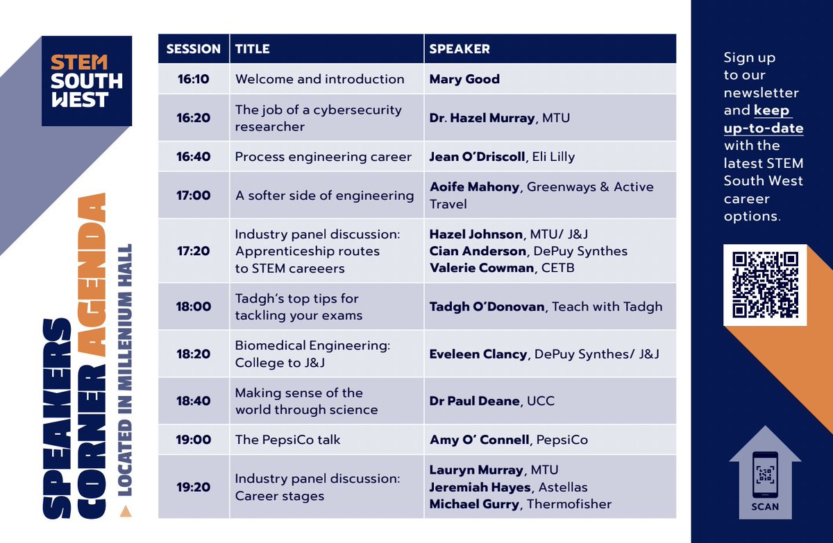 Check out the Agenda for the Speakers Corner tomorrow. Learn about the apprenticeship route, and the traditional route to a career in STEM. Kicking off at 16:10 with Mary Good! Hear from scientists, engineers, mathematicians and technologists. #STEMSW2023 #STEMSouthWest