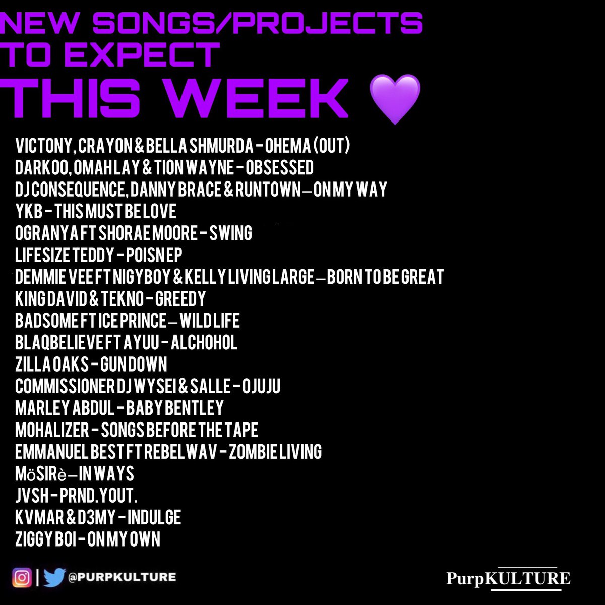 purpkulture's tweet photo. Songs/Projects to expect this week 💜

Victony, Crayon &amp; BellaShmurda - Ohema (OUT)
Darkoo, Omah Lay, Tion Wayne - Obsessed
DJConsequence, DannyBrace &amp; Runtown – On My Way
YKB - This Must Be Love
Ogranya, Shorae Moore - Swing
LifesizeTeddy - POISN
DemmieVee – Born To Be Great
1/2 https://t.co/zXzNqOi57t