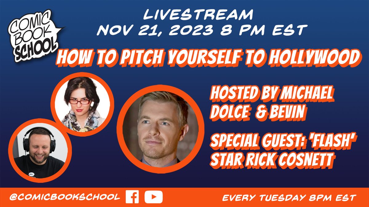 Let's do it one more time! I'll be guest hosting @comicbookschool 's weekly live stream tonight at 8pm with special guest Bevin and featuring part of my interview with The Flash's @rickcosnett (Cobalt Blue). We talk 'How To Pitch Yourself To Hollywood', the state of the