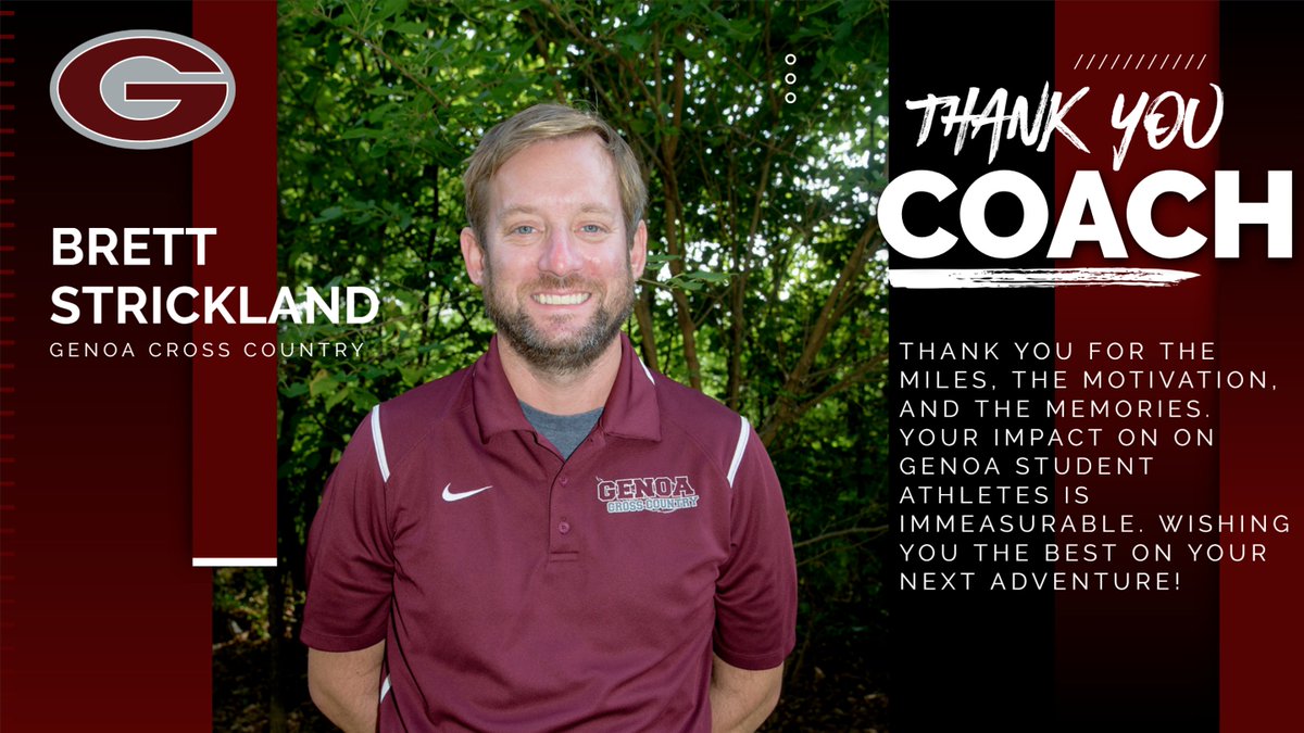 GenoaSports's tweet photo. Coach Strickland won 1 Girls District Championship, 3 NBC Championships (2 Boys, 1 Girls) and had many Regional qualifying teams in his time as the Genoa XC Coach.  Thank you Coach Strickland, good luck in your future endeavors! https://t.co/8vm3RMNRFd