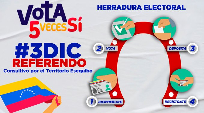 ¡Vota 🖐️5⃣ Veces Sí!

Conoce la herradura electoral del Referendo Consultivo por el Territorio Esequibo para defender la soberanía e integridad territorial del país este #03Dic

🇻🇪☀️¡El Territorio Esequibo nos pertenece!  ☀️🇻🇪