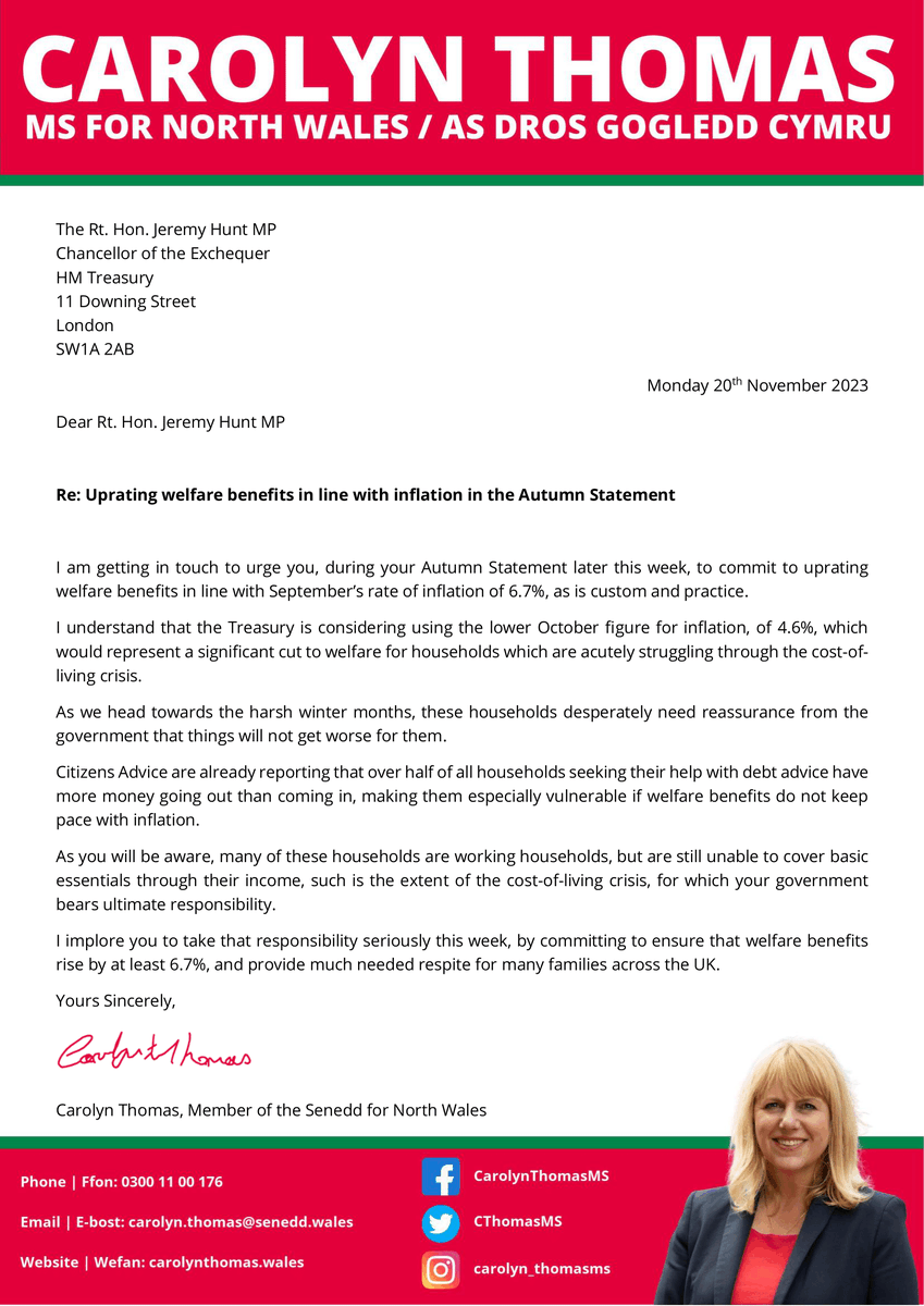 CarolynThomasNW's tweet photo. As we head towards winter, families relying on welfare benefits, many of whom are working households, are in desperate need.

Ahead of the Autumn Statement this week, I've written to the Chancellor asking that welfare benefits are uprated at least in line with inflation. https://t.co/Aj2RUPW9jR