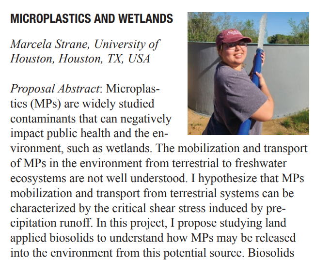 shaffer_lab's tweet image. Congrats Marcela Strane on your award of a Society of Wetland Scientists Student Research Grant! Marcela will study the transport of microplastics in freshwater environments as 1 of 10 student awardees. 👩‍🔬members.sws.org/wetland-scienc… Thanks SWS for the research support! @UHEngineering