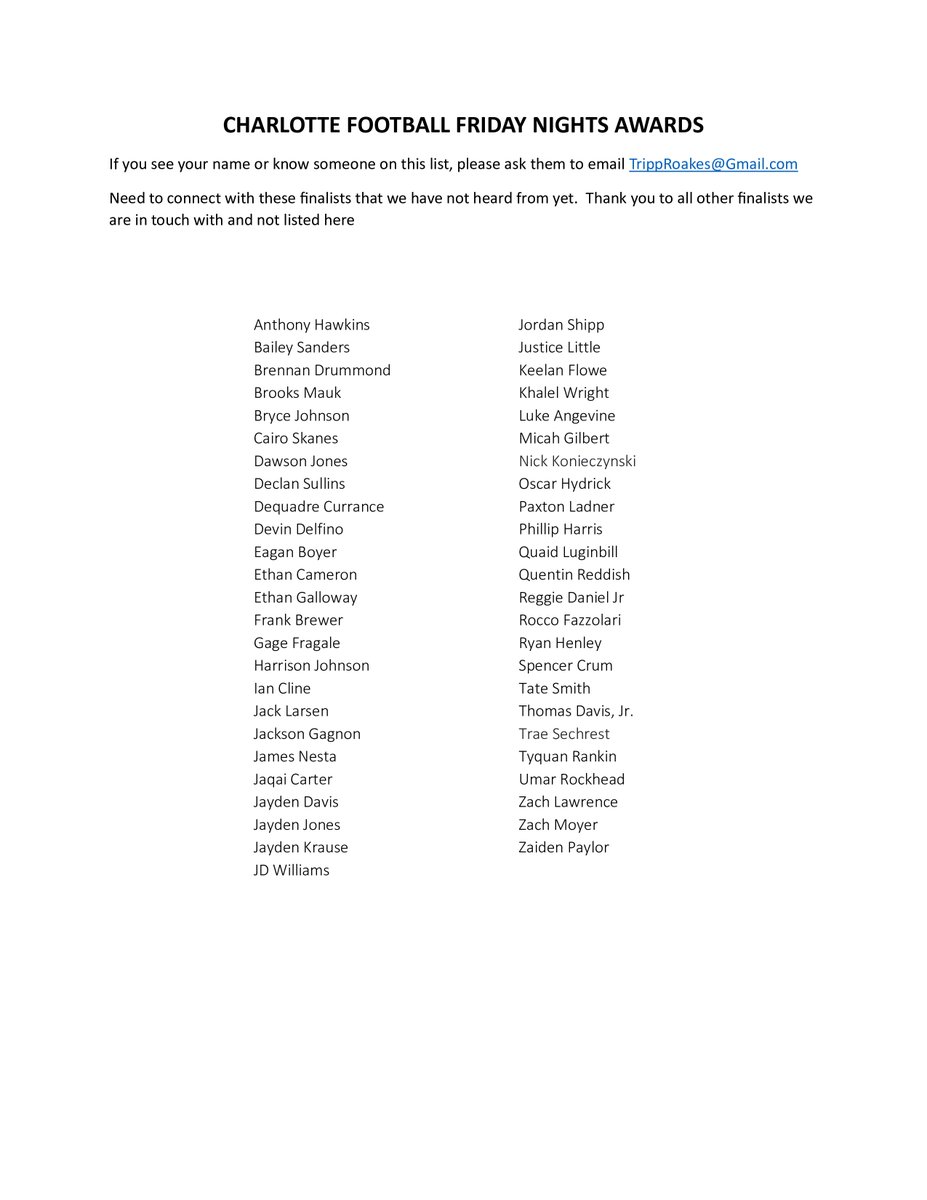 SCSportsReport's tweet image. Need to connect to these Friday Night Lights Football Award Finalists.   Please email  TrippRoakes@gmail.com

These are only names of people we have not connected with.   Tag Them if you Know Them, Thanks
