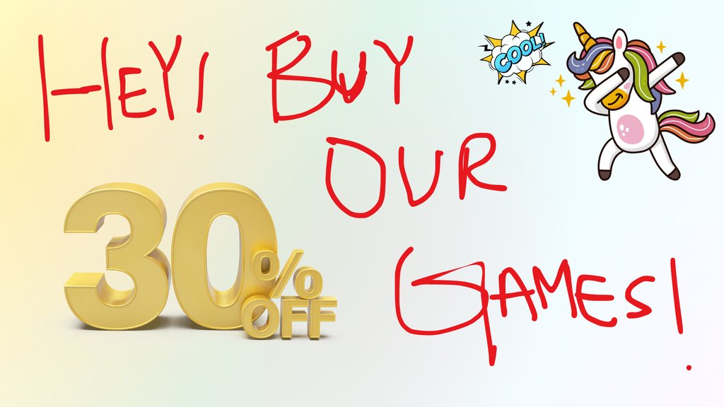 ✨Graphic design is my passion✨

But seriously... our games are 30% off for the Steam Fall Sale! Wanna watch some gameplay before buying? Checkout our stream at 1pm ct showcasing some YOLKED, Rendezvous, Ministry of Broadcast, and Aquamarine 🎮️
#indiegames #steamfallsale