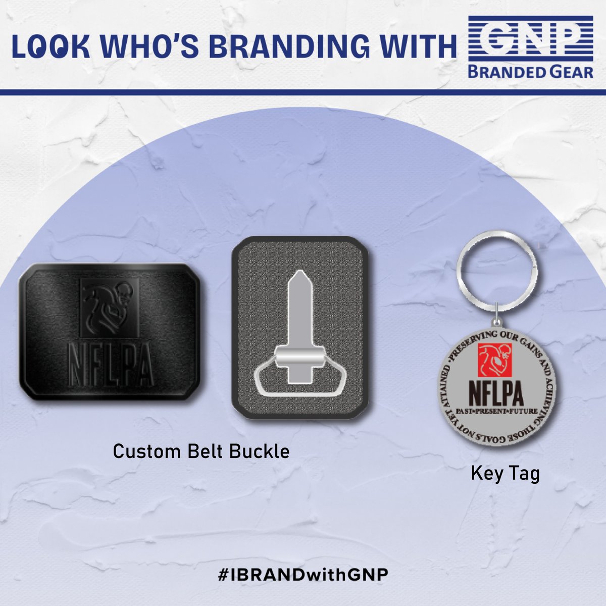 GNPBrandedGear's tweet image. This week's #IBRANDwithGNP features @NFLPA on a Custom Belt Buckle and Key tag! #GNPBrandedGear #keytag #promoproducts