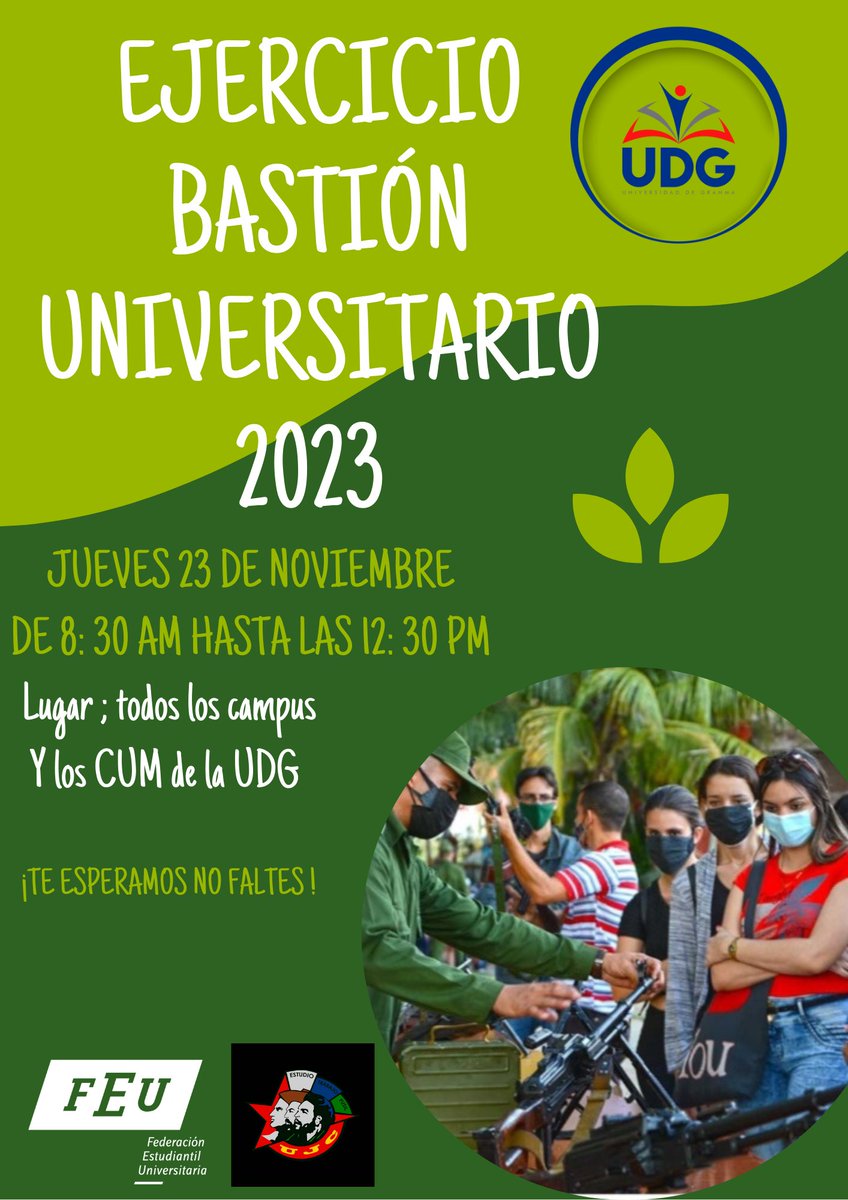 Este jueves se estará realizando el BASTIÓN UNIVERSITARIO en todos los campus y los CUM de la Universidad De Granma 
#UniversidadDGranma 
#FEUDGranma