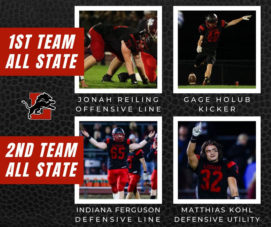 LisbonLionFB's tweet photo. It is an honor to announce your 2023 All-State Players! Congratulations men and way to represent Lisbon Lion Football! https://t.co/W00cRBHfBo