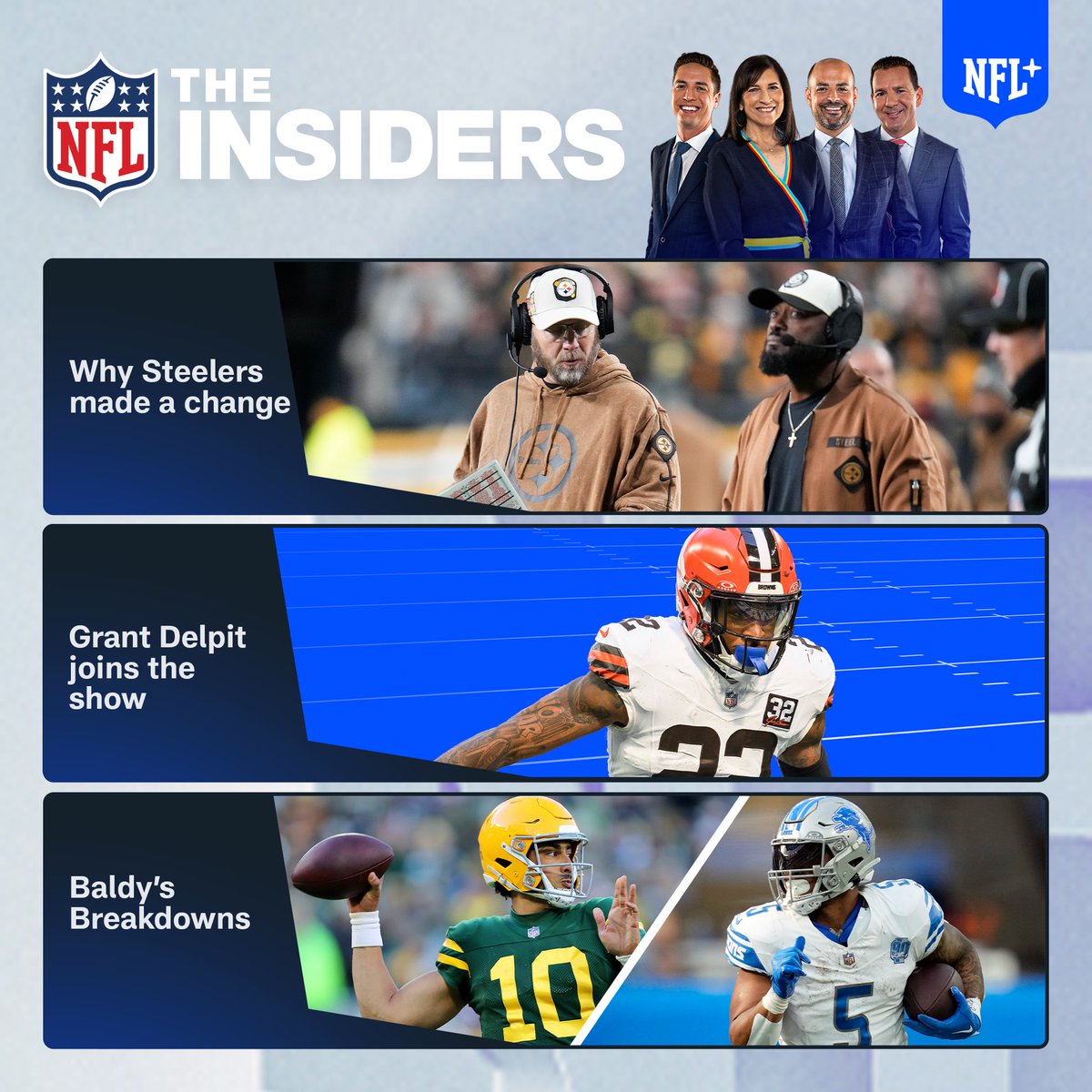 TomPelissero's tweet photo. Special guest @realgrantdelpit from the resilient #Browns joins an all-new episode of The Insiders, kicking off LIVE at noon ET on #NFLPlus with me, @judybattista, @MikeGarafolo, @BaldyNFL, @StaceyDales, @OmarDRuiz and more. 

📺📱💻 https://t.co/RV7mRM4pQk https://t.co/k5yRGGqmkj