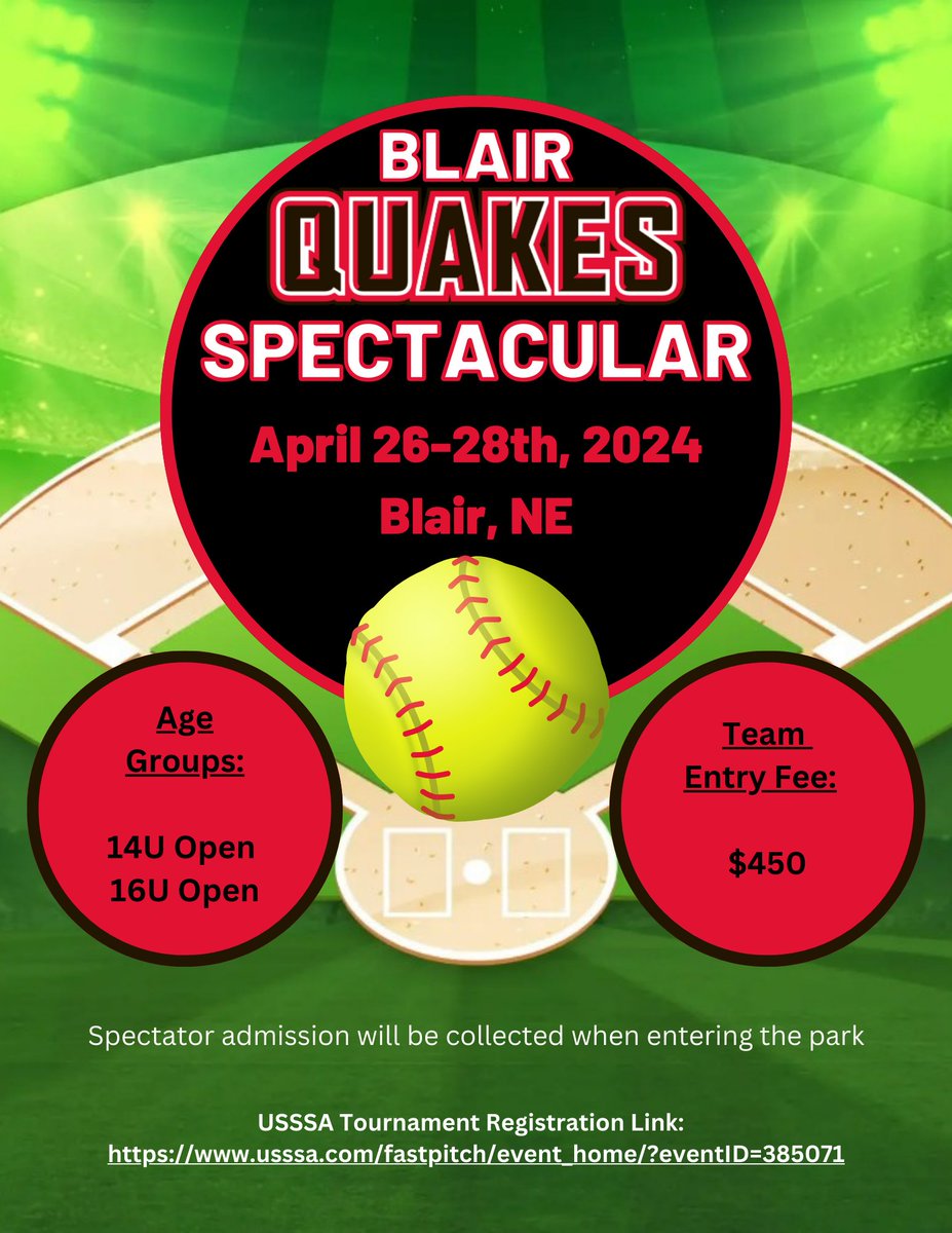 Join us this spring for the Blair Quakes Spectactular! Sign up using the link below: usssa.com/fastpitch/even…