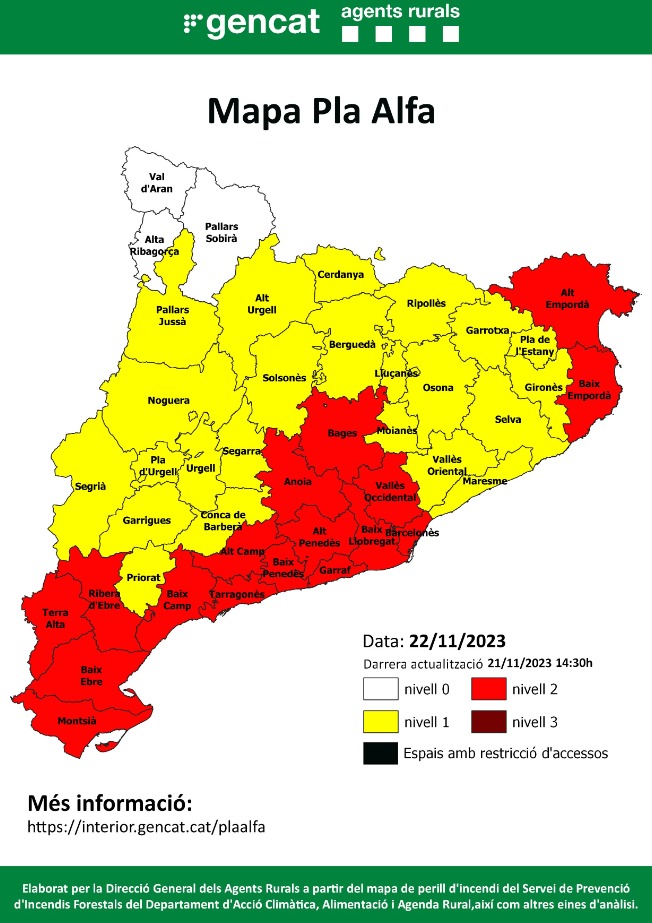 ⚠️ Demà 1️⃣7️⃣ comarques en nivell 2️⃣ del #PlaAlfa per perill elevat d'incendi forestal, a causa de l'entrada de vent i la sequera.

Molta precaució!

📞Si veus una columna de fum truca al 
<a href="/112/">112</a>