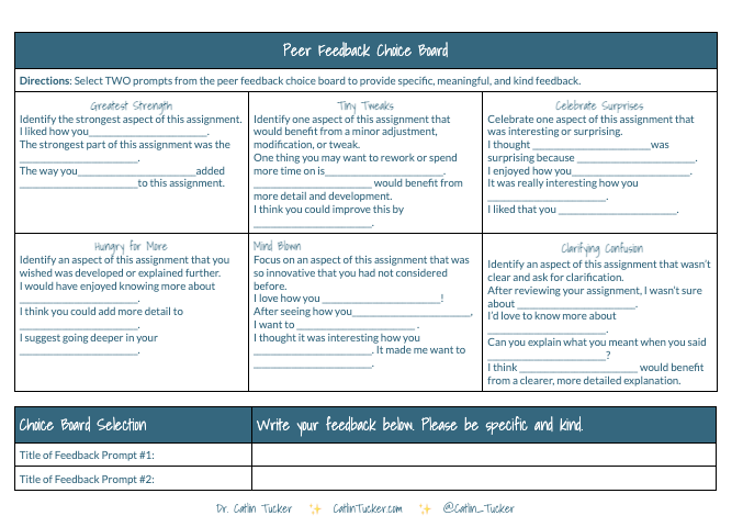 There’s something super satisfying about seeing your students become experts at offering considerate, detailed & impactful peer feedback. 🤝 Copy + use my Peer Feedback #ChoiceBoard to watch the magic happen: bit.ly/46cSSWI #StudentFeedback #EdChat #EduTwitter