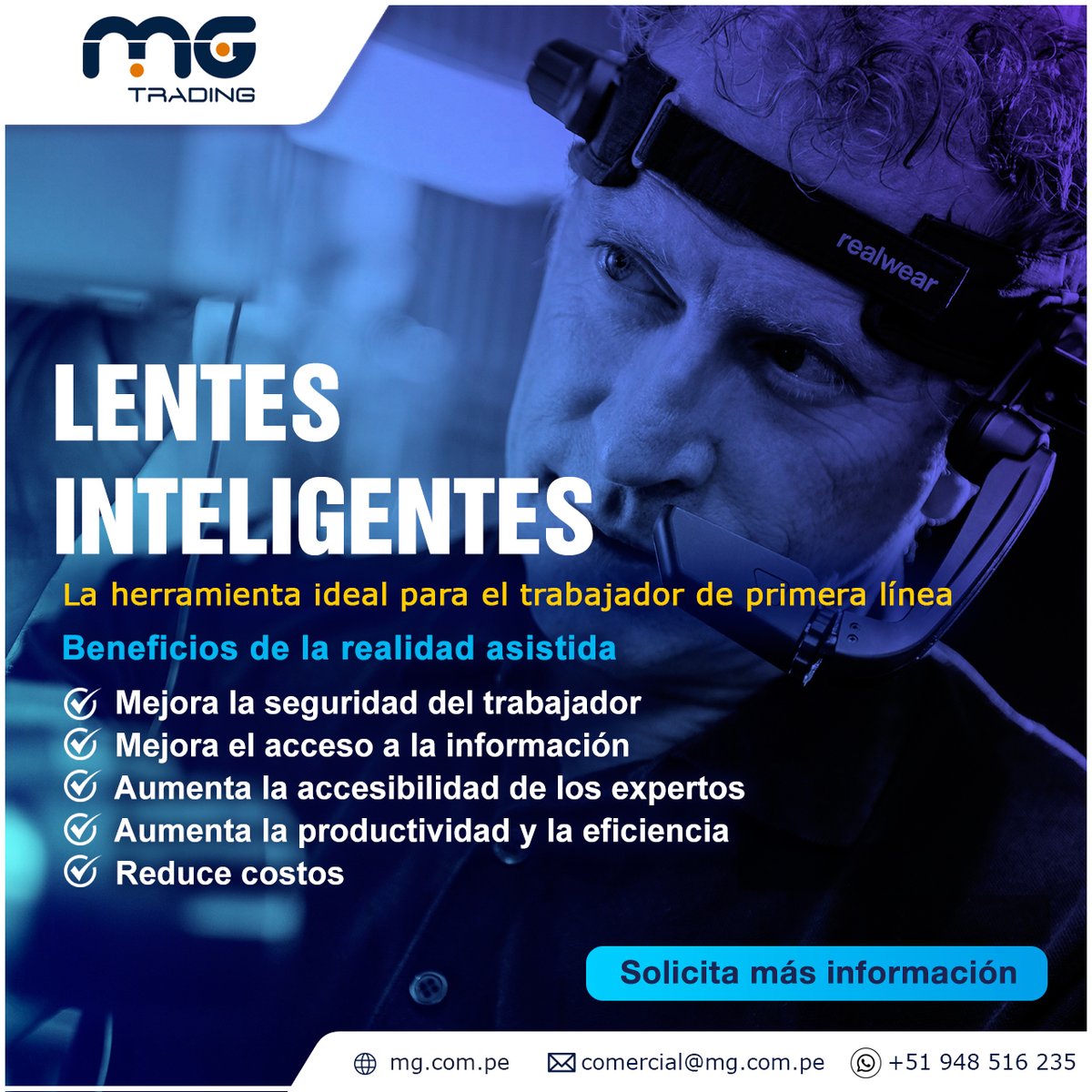 MGTradingSAC's tweet photo. 👉 Lentes Inteligentes para tu fuerza laboral de primera línea: Descubre la libertad de colaboración remota con el Smart Glass Realwear Navigator 500. ¡Vive la revolución digital en tus manos! 🚀

🔗 Más información: https://t.co/O0S0gyvVOY
📩comercial@mg.com.pe https://t.co/K1SDQUZQnX