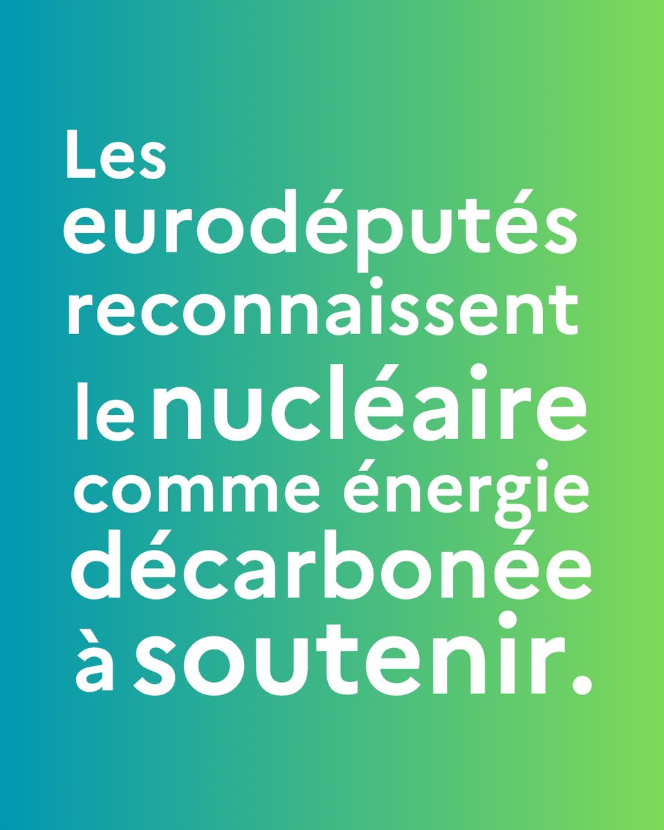 Je salue le vote des députés européens qui reconnaissent aujourd'hui l'énergie nucléaire comme une énergie décarbonée à soutenir. Une avancée majeure qui résonne avec la voix de la France pour défendre l'atome et accélérer la sortie des énergies fossiles de notre continent. 🇪🇺🇫🇷