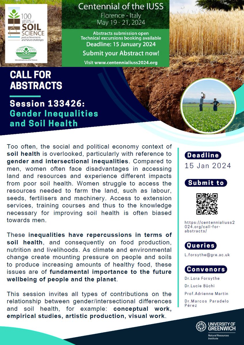 !call for abstracts! if you're interested/working on soil health and how it is connected to gender and intersectional inequalities, do submit an abstract for our session at the @IUSS_ORG congress (Florence, May 2024). *Deadline 15th of January 2024* centennialiuss2024.org/call-for-abstr…