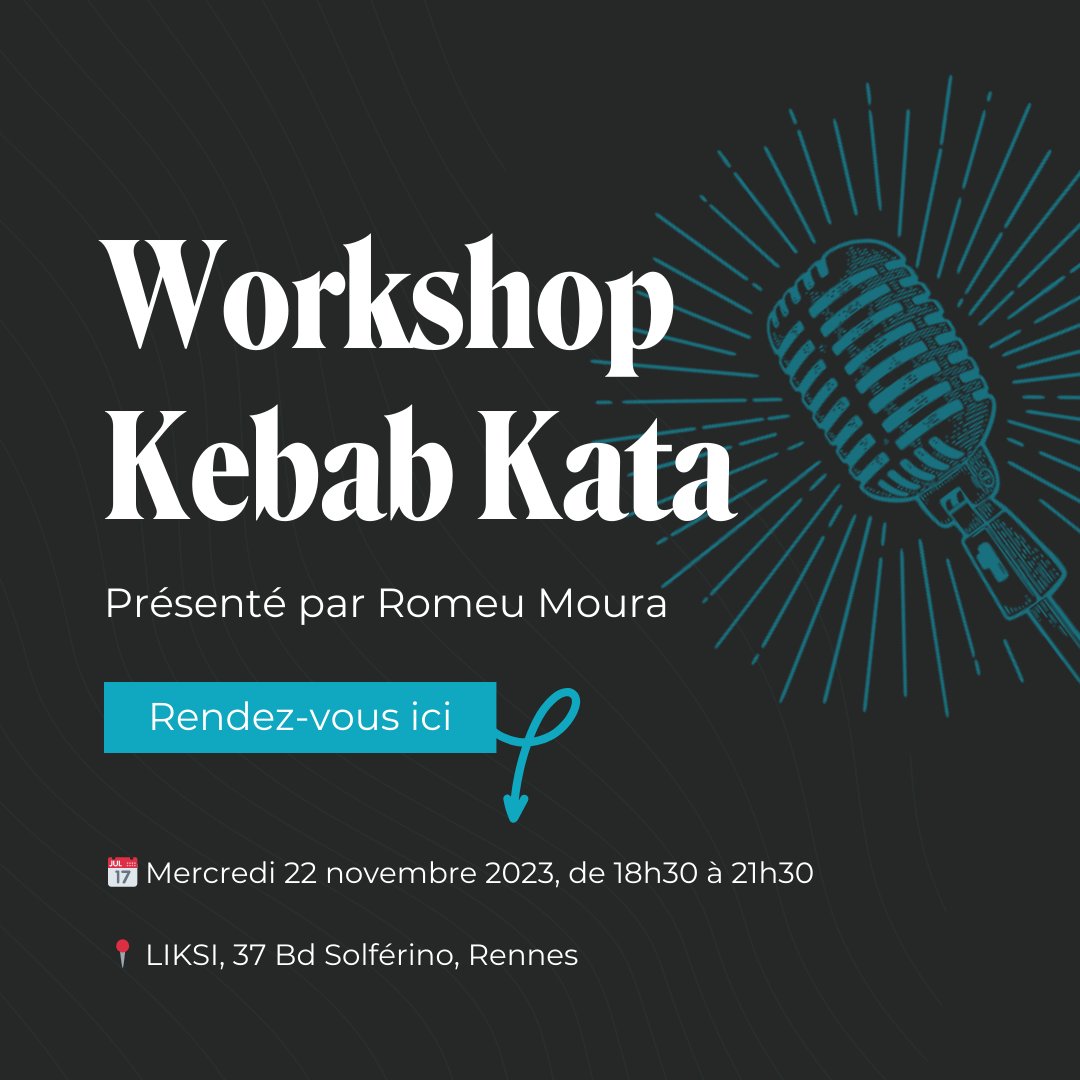 #ÉVÉNEMENT #RENNES

3 heures pour devenir un.e super-héro.ïne du #code ?

Venez relever le défi du Kebab Kata et perfectionnez vos #compétences en #dev !

Rejoignez-nous ce mercredi 22 novembre pour un #workshop, ouvert à tous.tes! 🔥

Inscription ici👉🏻: lnkd.in/e_yt9-Vq