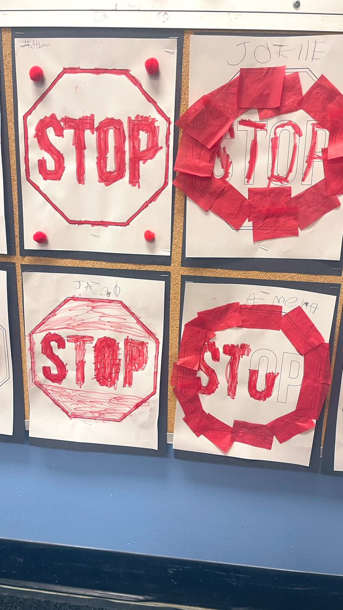 amal_tabar's tweet photo. On our second day of bullying awareness and prevention week, kinders decorated their stop sign with Red! 🛑 @SetonWildcats @DPCDSBSchools https://t.co/zIRABgrwlF