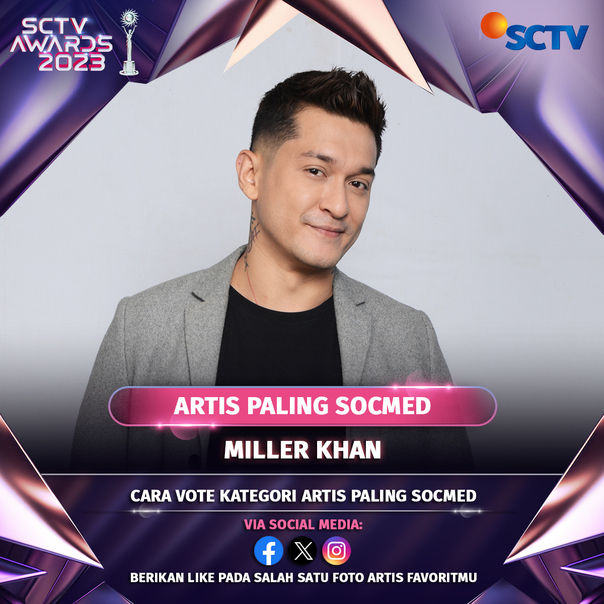 Yuk, dukung Miller Khan untuk membawa pulang piala "Artis Paling Socmed" dengan cara follow SCTV, like foto ini, dan komen "DONE" setelah voting, ya!

#VoteSA2023
#SCTVAwards2023
#SA2023