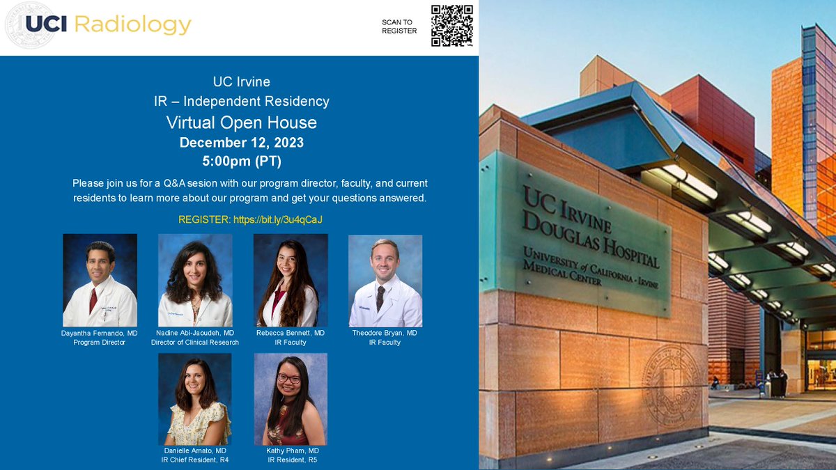 uciradiology's tweet photo. We're holding an IR - Independent Residency Virtual Open House! Hear from our program director, faculty and current residents about this opportunity. 

December 12th, 2023 @ 5:00pm (PT)

Register Here: https://t.co/DBtjq84Tpk

#UCIRadiology #OpenHouse @UCIradres @UCI_Neurorads https://t.co/FDmSQVCZcd