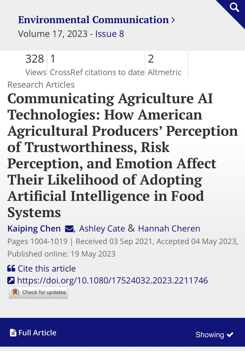 Kaiping Chen (@kaipingchen.bsky.social) (@kaiping_chen) on Twitter photo As AI technologies are rolling out fast in the agricultural sector, what are producers’ risk perception, trustworthiness on these technologies? We are excited to share our new publication exploring this issue (with <a href="/ashleyrcate/">Ashley Cate</a> and Hannah from <a href="/UW_LSC/">UW-Madison LSC</a>)👇
tandfonline.com/doi/full/10.10… As AI technologies are rolling out fast in the agricultural sector, what are producers’ risk perception, trustworthiness on these technologies? We are excited to share our new publication exploring this issue (with <a href="/ashleyrcate/">Ashley Cate</a> and Hannah from <a href="/UW_LSC/">UW-Madison LSC</a>)👇
tandfonline.com/doi/full/10.10…