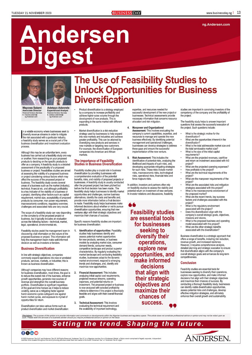 BusinessDayNg's tweet image. The Use of Feasibility Studies to Unlock Opportunities for Business Diversification

Article by @AndersenNigeria

Read on page 13 of today's BusinessDay paper.

#feasibilitystudies #business #Andersennigeria #businessday