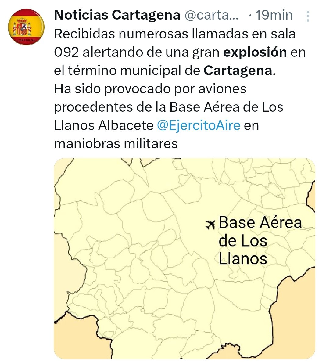 Raulasensio's tweet photo. Se confirma que la explosión sentida en Cartagena/San Javier/Orihuela/Torrevieja es por maniobras militares en la base de Albacete.

La última vez que pasó esto fue el 30 de Noviembre de 2021. Casi en las mismas fechas ocurre 2 años después. https://t.co/tDCZbovKpu