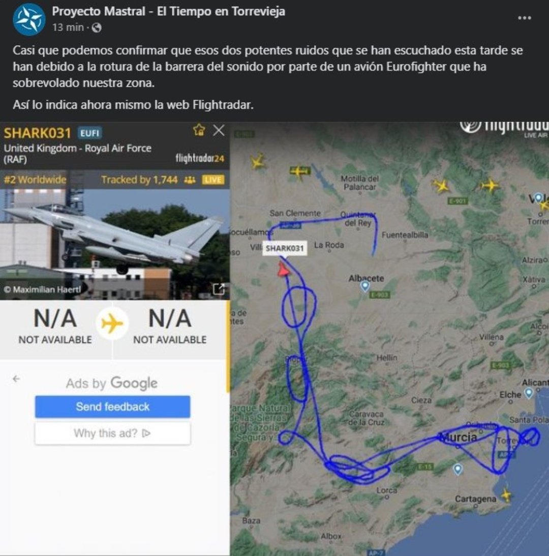 Raulasensio's tweet photo. Se confirma que la explosión sentida en Cartagena/San Javier/Orihuela/Torrevieja es por maniobras militares en la base de Albacete.

La última vez que pasó esto fue el 30 de Noviembre de 2021. Casi en las mismas fechas ocurre 2 años después. https://t.co/tDCZbovKpu