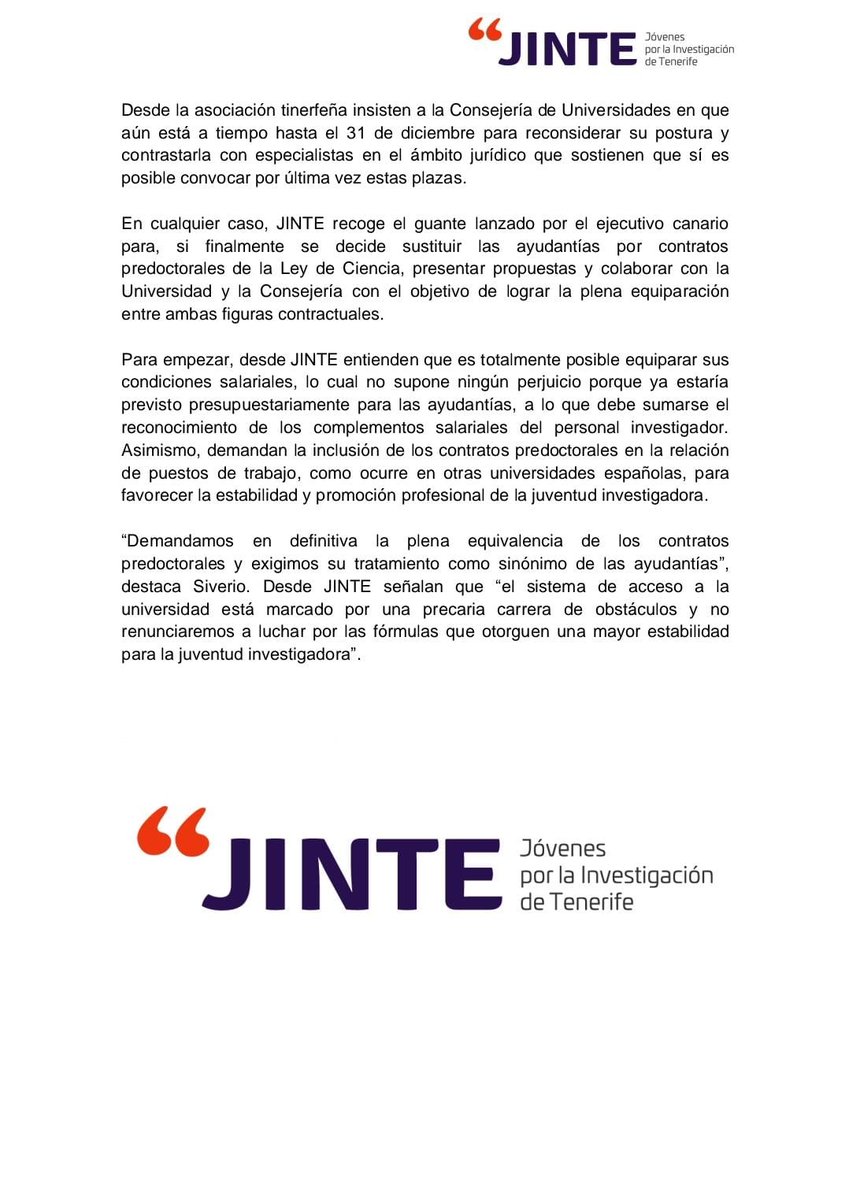 📝 LANZAMOS nota de prensa ante la negativa del Gobierno de Canarias a autorizar la convocatoria de las 22 plazas de profesorado ayudante para jóvenes investigadores/as permitida por la LOSU y demandamos la plena equiparación de los contratos predoctorales. 

Abrimos HILO 🧵👇