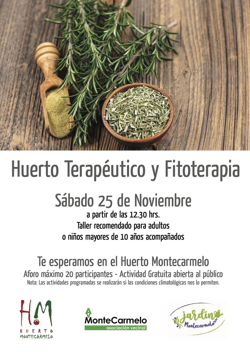 AVMontecarmelo's tweet photo. HUERTO TERAPÉUTICO Y FITOTERAPIA
Este sábado 25/11 a partir de las 12:30 recorreremos el Huerto Montecarmelo y el Jardín Montecarmelo para reflexionar y conocer las plantas y sus propiedades curativas que cultivamos en ambos espacios.
#HacemosBarrio #AVMontecarmelo https://t.co/kidp3K3D1N