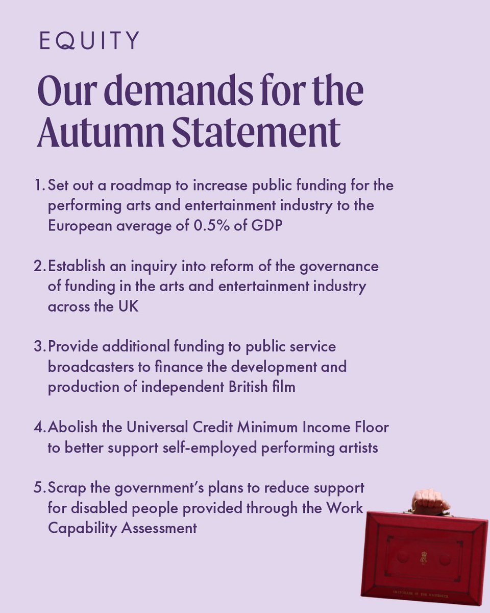 Ahead of tomorrow’s Autumn Statement here’s what we would expect to see to ensure a thriving performing arts and entertainment industry across the UK 🧵

#AutumnStatement23 #AutumnBudget23