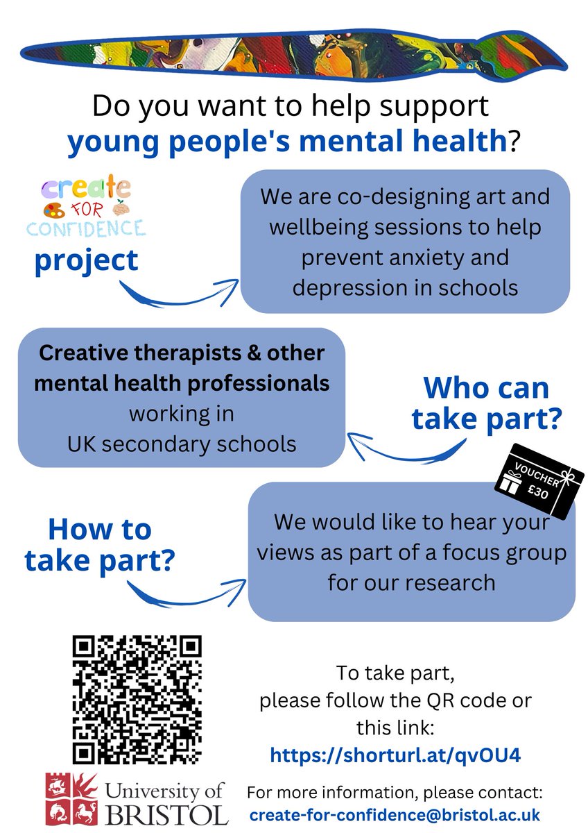 Naomi Warne (@nmwarne) on Twitter photo 📢Are you a mental health professional working with UK secondary schools?
We want to hear from you!
Share your views in a Bristol-based focus group and receive a £30 thank you voucher
Register here: shorturl.at/qvOU4
Pls RT <a href="/drbould/">Dr Helen Bould</a> <a href="/baat_org/">British Association of Art Therapists (BAAT)</a> <a href="/acamh/">Association for Child & Adolescent Mental Health</a> <a href="/BPSOfficial/">British Psychological Society</a> <a href="/talkOTR/">Off the Record Youth Counselling 🧡</a> 📢Are you a mental health professional working with UK secondary schools?
We want to hear from you!
Share your views in a Bristol-based focus group and receive a £30 thank you voucher
Register here: shorturl.at/qvOU4
Pls RT <a href="/drbould/">Dr Helen Bould</a> <a href="/baat_org/">British Association of Art Therapists (BAAT)</a> <a href="/acamh/">Association for Child & Adolescent Mental Health</a> <a href="/BPSOfficial/">British Psychological Society</a> <a href="/talkOTR/">Off the Record Youth Counselling 🧡</a>