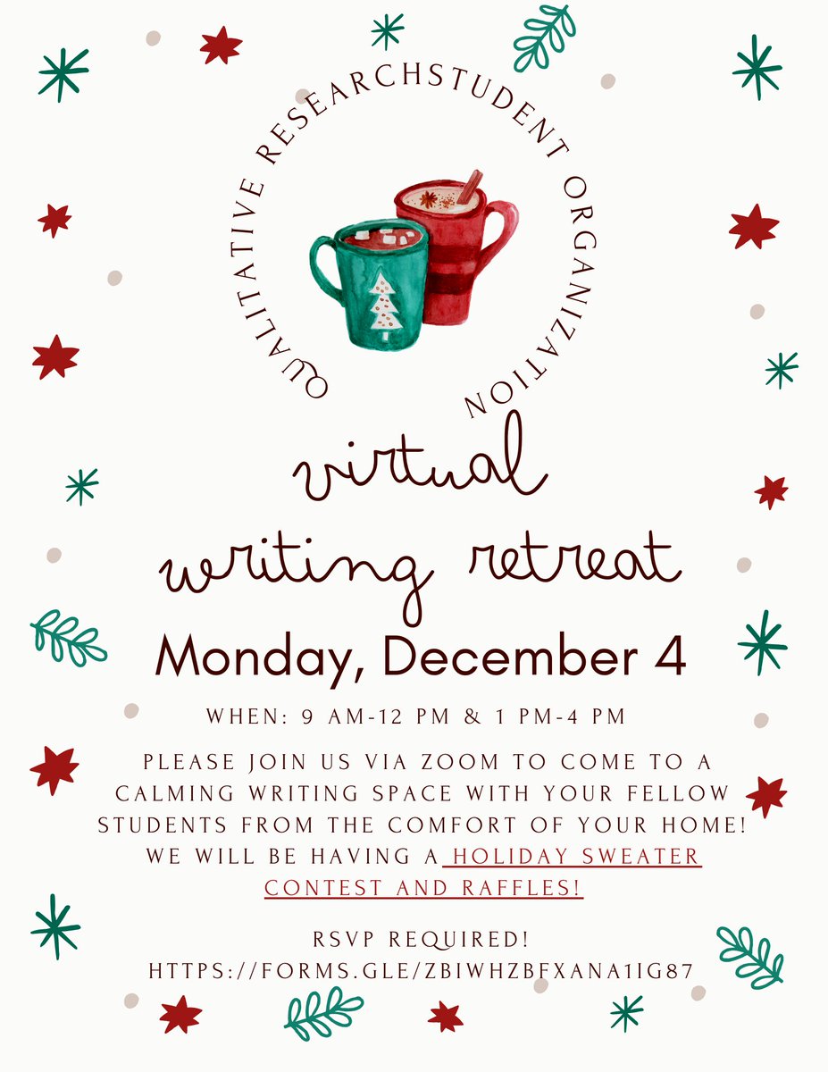 ufqual's tweet photo. Mark your calendars GradGators! On December 4th from 9AM-4PM, we will be hosting our final virtual writing retreat for the semester. We will be having raffles and a holiday-dressed contest (so dig out your ugly holiday sweaters)! Registration is required: https://t.co/KE5F3tjGFM https://t.co/BO7UtmF4uY