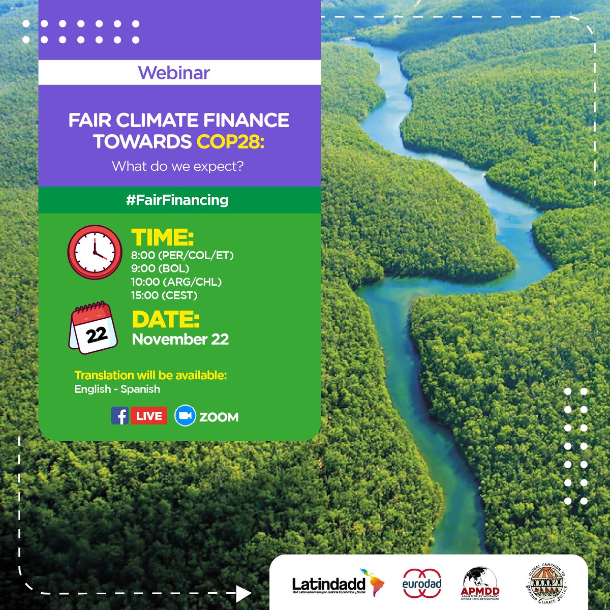 latindadd's tweet photo. 🌎 Webinar | Join our dialogue and learn about the main demands of civil society regarding #ClimateFinance towards #COP28.    

📌Registration: https://t.co/3aQ94OtGRa 

#FairFinancing https://t.co/f7WUHSbfVu