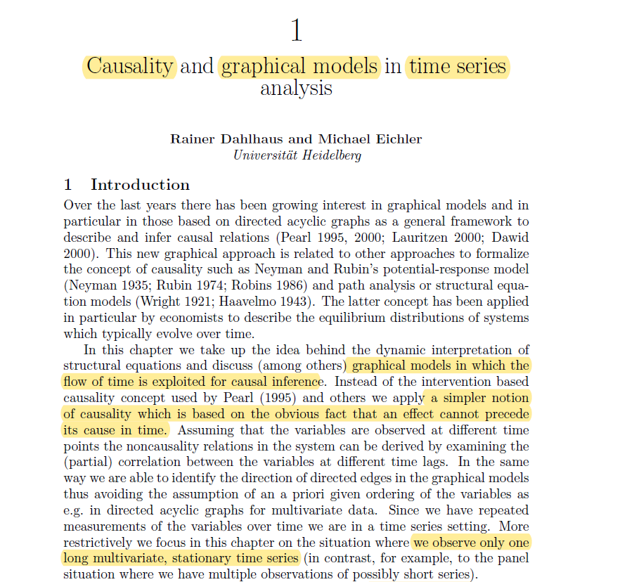 CavaliereGiu's tweet photo. Hi #EconTwitter!

Interested in causal inference and time series #econometrics? 

Check out 👇 this survey chapter by Rainer Dahlhaus and Michael Eichler (University of Heidelberg), where the flow of time is exploited for causal inference.

Very interesting piece to read. Take a look! ⭐️

Link: https://t.co/JhLTfDz5b4