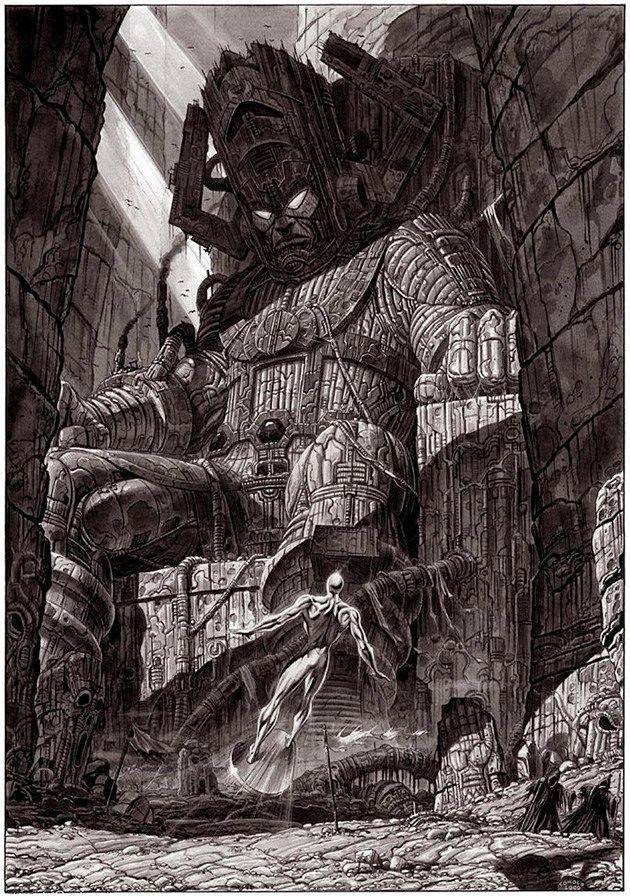 theaginggeek's tweet image. Silver Surfer and Galactus by Giorgio Comolo  #SilverSurfer #Galactus