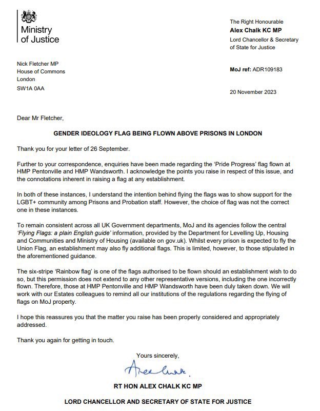 Excellent work by Nicholas Fletcher and Alex Chalk ensuring that public estates, in this case prisons, are flying approved flags, not unauthorised ideological flags.