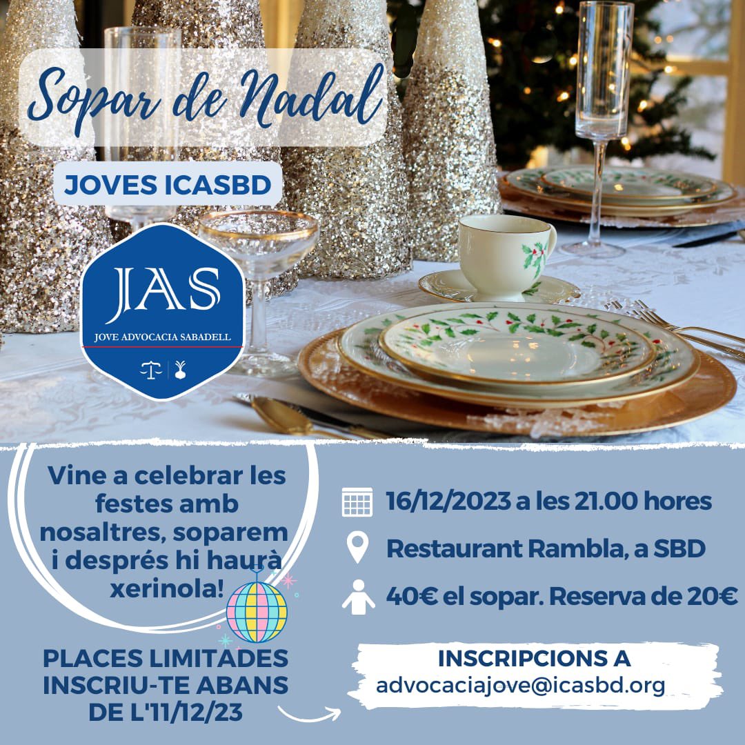 🎄 Vine a celebrar amb nosaltres les festes de Nadal!

🥳 Organitzem el 'Sopar de Nadal Joves Icasbd', inscriu-te!!

😀 Tot i que és 'Sopar Nadal Joves Icasbd', obert a qui es vulgui apuntar.

⚠️ Inscripció per email i la reserva del 50%.

😊 T'hi esperem!