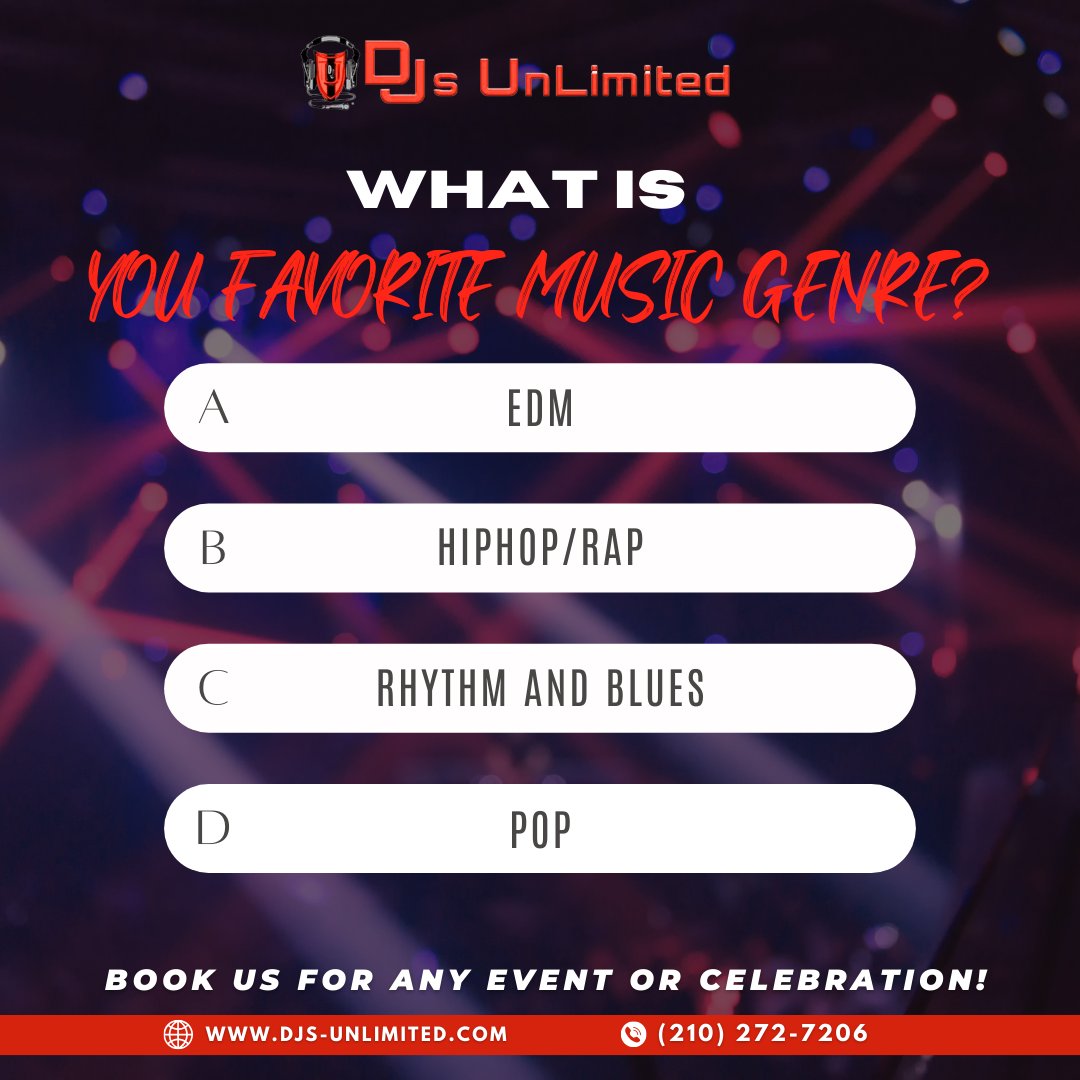 No matter your favorite music genre, we’re here to elevate your party to the next level.

Do you have an upcoming event? Book our DJs.
Call: (210) 272-7206

#SanAntonioDJ #musicplaylist #HillCountyDJ #WeddingPartyDJ #EventDJs #PromDJ #Music #genremusic #edm #pop