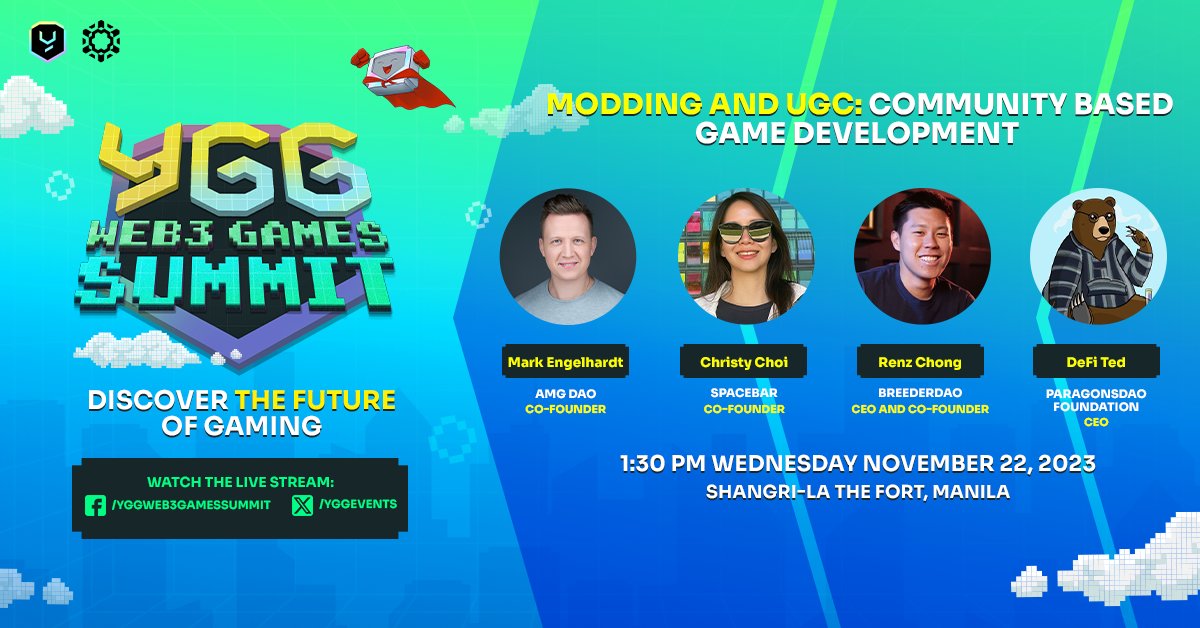 Delve into the world of  “Modding and UGC: Community Based Game Development” with @theniftymark of @joinamg, @christyhwchoi of @spacebarxyz, @Renz_BDAO of @BreederDAO, and @DeFi_Ted of @ParagonsDAO at the YGG Web3 Games Summit! 🚀🔥

Discover the FUTURE of GAMING! #W3GS
