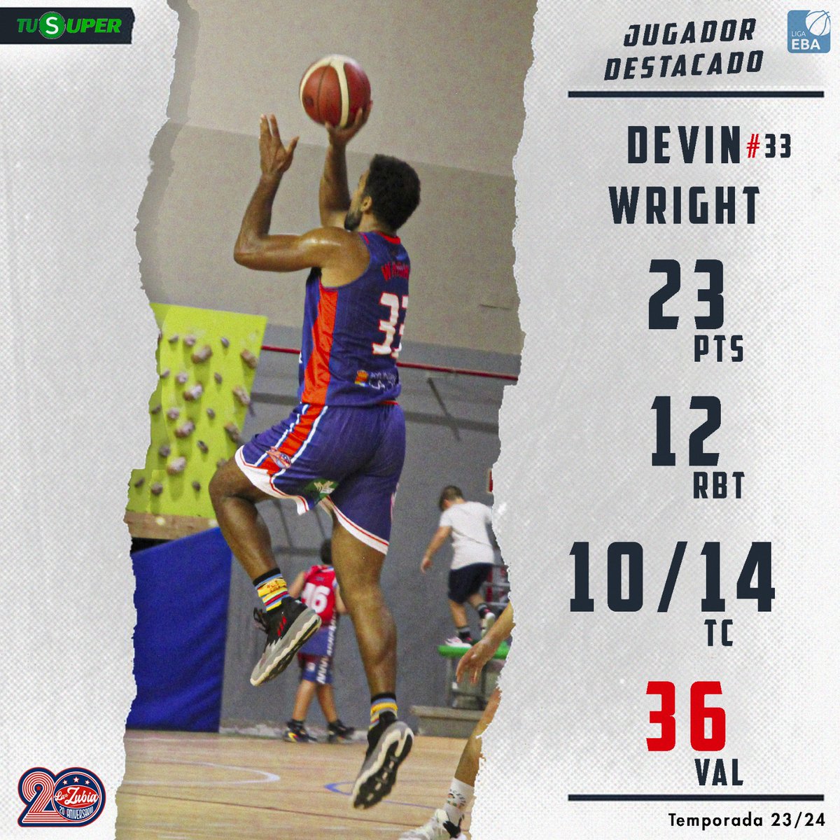 CB_LaZubia's tweet photo. La muralla de Lugo @devinwright86 fue #TuSuperJugadorDelPartido el pasado sábado ante @cd_elpinar gracias a sus 23 puntos (10/14 TC) y 12 rebotes, firmando su mejor actuación esta temporada. 

#20AniversarioCBLZ
#VamosZubia https://t.co/tRJhBAP9vR
